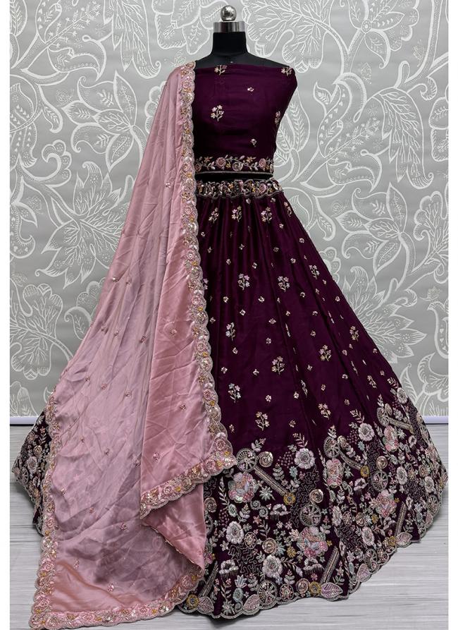 Silk Wine Wedding Wear Embroidery Work Lehenga Choli